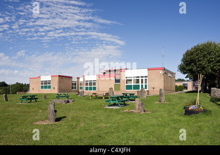 Ysgol Goronwy Owen Primary school building and playing field for infants and juniors. Benllech, Tyn-y-Gongl, Isle of Anglesey, Wales, UK. Stock Photo