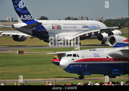 Beriev Be-200 Altair and Airbus A380 at Le Bourget Airshow 2011 Stock Photo
