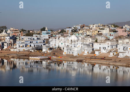 Pushkar reflected in its lake Stock Photo