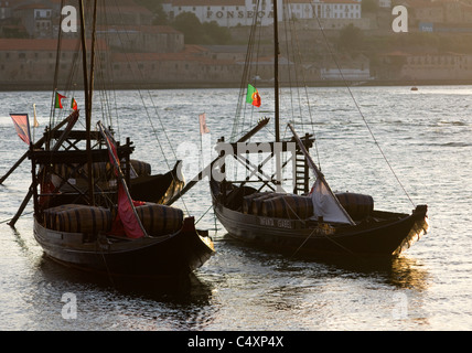 Porto, Two Port Wine Barges moored At sunset. Stock Photo