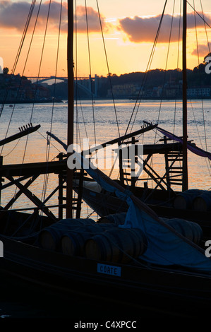 Port Wine Barges at sunset, Porto, Portugal - detail - silhouette Stock Photo