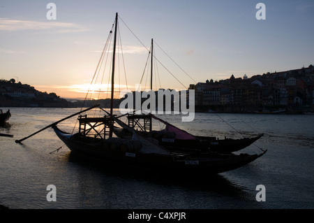 Port Wine Barges at sunset, Porto, Portugal Stock Photo