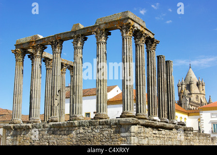 Roman temple and cathedral tower of Evora, Portugal. Stock Photo