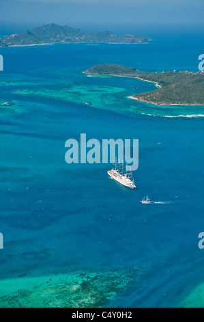 Aerial of Tobago Cays and Mayreau Island, St. Vincent & The Grenadines. Stock Photo