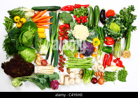 Many different vegetables and salad. Fresh market greens. Stock Photo