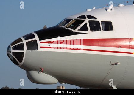 Close-up of the nose section of an Antonov An-12 cargo plane, with its strong resemblance to a World War II bomber Stock Photo