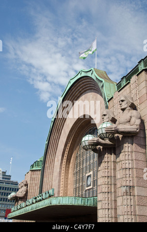 Upper facade of the main entrance to Helsinki Central Railway Station, Finland Stock Photo