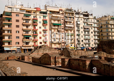 roman excavations and Apartment buildings in Thessaloniki, Macedonia, Greece Stock Photo