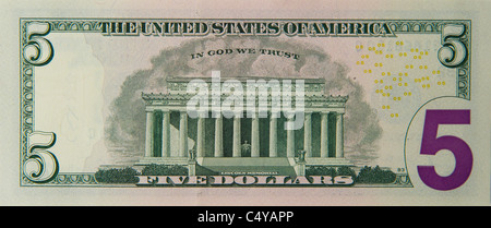 five 5 dollar dollars bill note bills notes Stock Photo