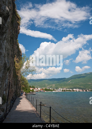 A boardwalk linking Ohrid with the nearby settlement of Kaneo, providing an enjoyable stroll over the waters of Lake Ohrid. Stock Photo
