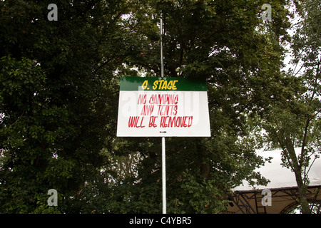 No Camping sign at the Glastonbury Festival 2011 Stock Photo