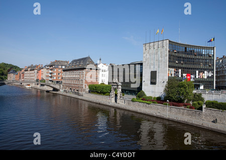 Row of houses with a bench on the Meuse, Namur, Wallonia, Belgium, Europe Stock Photo