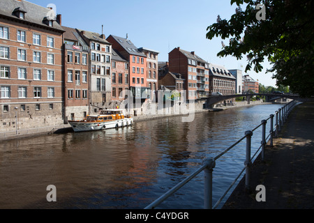 Row of houses with a bench on the Meuse, Namur, Wallonia, Belgium, Europe Stock Photo