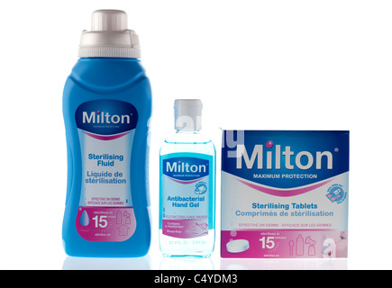 Three Milton products Sterilising fluid and antibacterial rinse free hand gel and sterilising tablets Stock Photo