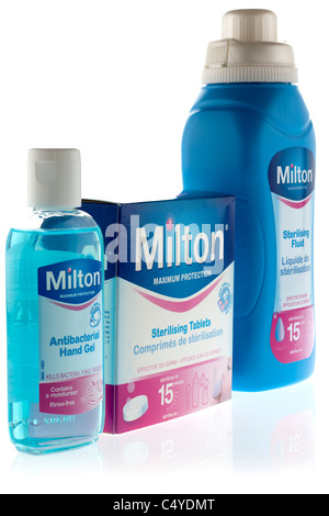 Three Milton products Sterilising fluid and antibacterial rinse free hand gel and sterilising tablets Stock Photo