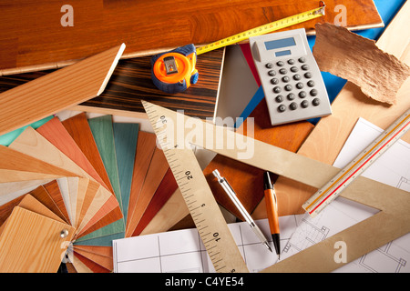 Architect interior designer or carpenter workplace with desk design tools Stock Photo
