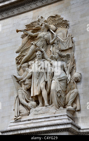 Le Triomphe de 1810, by Jean-Pierre Cortot forms part of the Arc de Triomphe on the Champs Elysees in Paris, France. Stock Photo