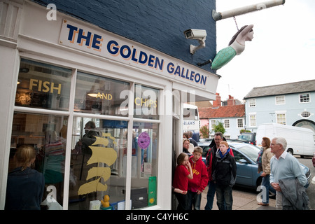 Queues outside the Golden Galleon fish and chip shop, High St, Aldeburgh, Suffolk UK Stock Photo