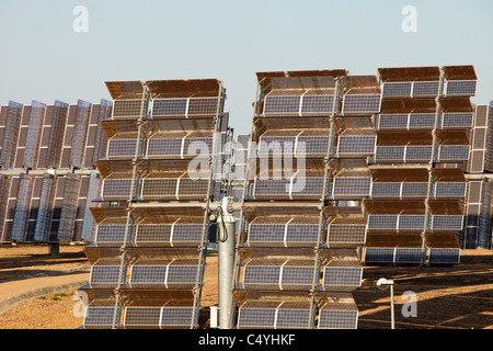 Photo voltaic panels in part of the Solucar solar complex owned by Abengoa energy, in Sanlucar La Mayor, Andalucia, Spain. Stock Photo