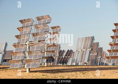 Photo voltaic panels in part of the Solucar solar complex owned by Abengoa energy, in Sanlucar La Mayor, Andalucia, Spain. Stock Photo