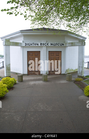 A small structure surrounds historic Dighton Rock in Berkley, Massachusetts. Stock Photo