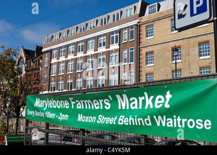 green and white banner for marylebone farmers market, marylebone, london, england Stock Photo