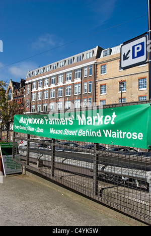 green and white banner for marylebone farmers market, marylebone, london, england Stock Photo