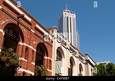 Central Park office tower rising behind historic old buildings in King Street, Perth, Western Australia Stock Photo