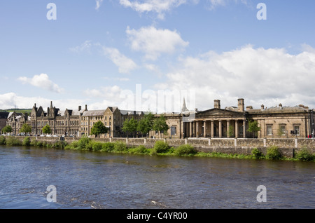 View across River Tay to Sheriff Court and Victorian waterfront buildings on Tay Street. Perth, Scotland, UK, Britain. Stock Photo