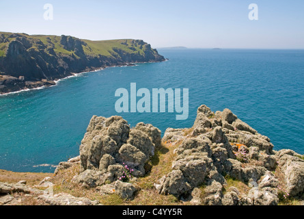 Pentire Point on the north Cornwall coast, viewed from Rumps Point Stock Photo