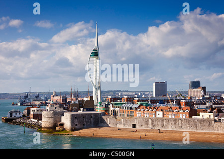 Portsmouth Harbour, city, and Spinnaker Tower in England UK and Round Tower