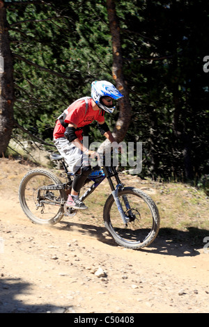 Downhill  with mountain bike in Orientals Pyrenees, Occitanie, France. Stock Photo