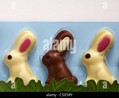 Three chocolate bunnies, one milk chocolate and two white chocolate in plastic packaging and card of grass and blue sky Stock Photo