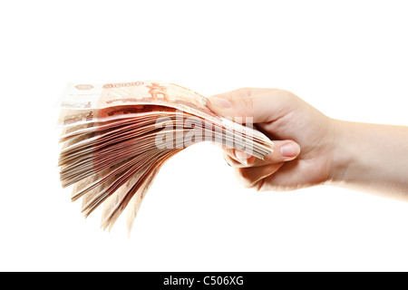 Bundle of money in the hands of women isolated on a white background Stock Photo