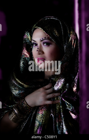 Closeup Portrait of a Beautiful Woman Wearing a Veil with Makeup Stock Photo