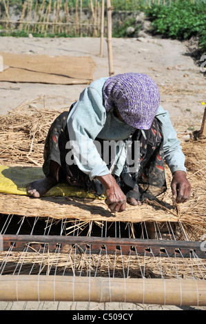 Nepali woman weaving a mattress in Baktapur. Stock Photo