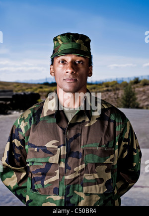African American soldier in camouflage uniform Stock Photo
