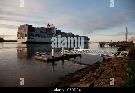 Tian Jin He Container Ship departing on the Yarra River after leaving Swanson Dock Melbourne Australia Stock Photo