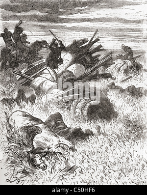 Settlers being attacked by North American Indians in the late 19th century. Stock Photo
