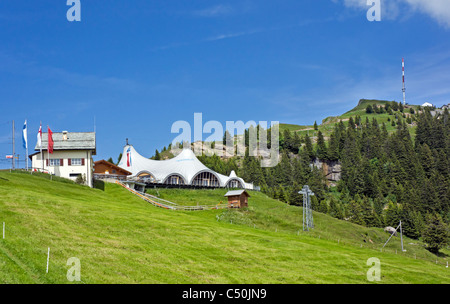 Railway station at Staffel on Rigi Mountain Switzerland with Rigi Event Tent and Rigi Kulm to the right Stock Photo