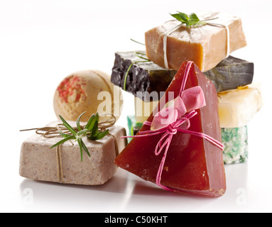 Range of different soaps on a white background. Stock Photo