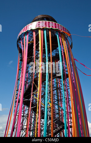 Park stage viewing tower or ribbon tower  at the Glastonbury Festival 2011, Somerset, England, United Kingdom. Stock Photo