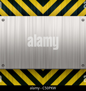 A riveted 3d brushed metal plate on a construction hazard stripes background. Stock Photo