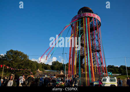 Park stage viewing tower or ribbon tower  at the Glastonbury Festival 2011, Somerset, England, United Kingdom. Stock Photo