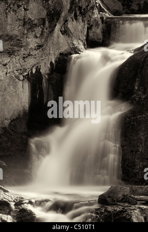 Sepia black and white photograph portrait of tall slow motion silky waterfall evokes mood of peaceful serenity in Yellowstone National Park Stock Photo