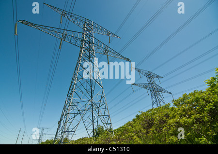 A long line of electrical transmission towers carrying high voltage lines. Stock Photo