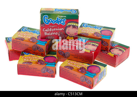 Several 14 gram boxed Organix goodies good for kids healthy treats organic Californian Raisins Stock Photo