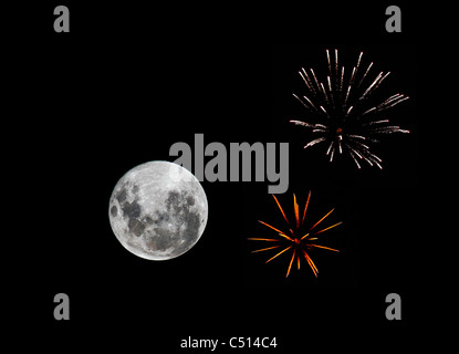A composite image with fireworks and the new Moon from December 2009 in Buenos Aires, Argentina. Stock Photo
