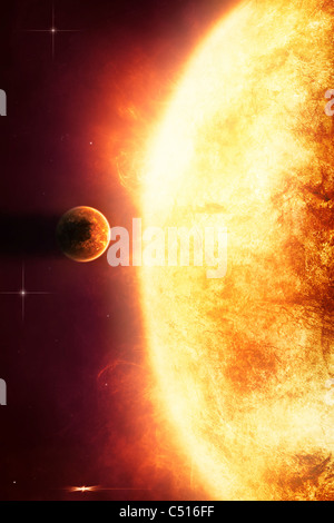 Growing Sun is about to burn nearby planet alive. Stock Photo