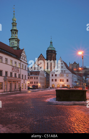 Pirna marketplace, Canalettos view to town hall and St. Mary's Church at wintertime, Pirna, Saxony, Germany, Europe Stock Photo